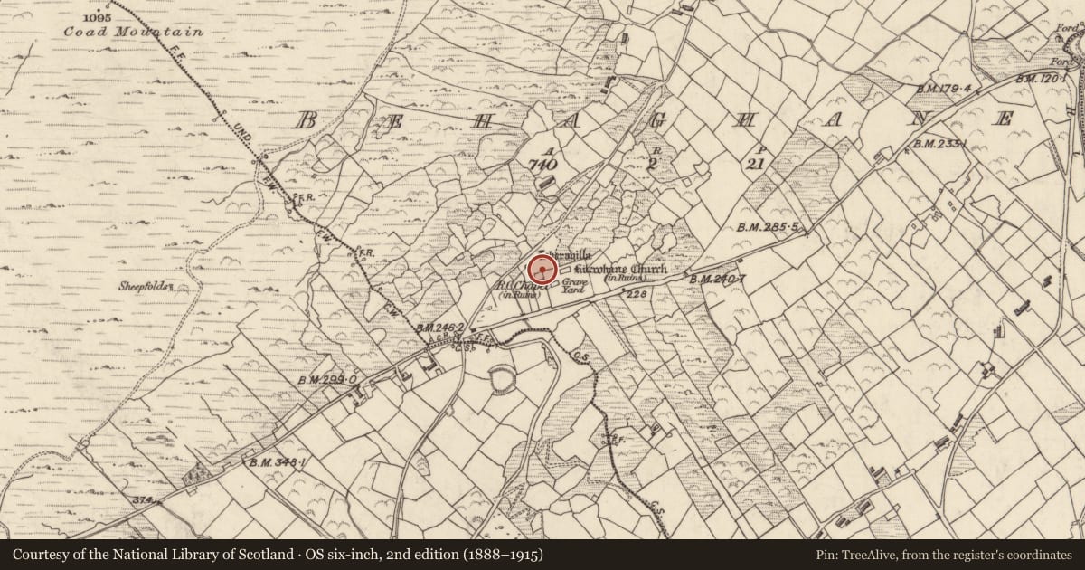 Ordnance Survey six-inch map, 2nd edition (1888–1915) covering the location of Cross-inscribed stone, Behaghane, County Kerry, with a pin at the register's coordinates