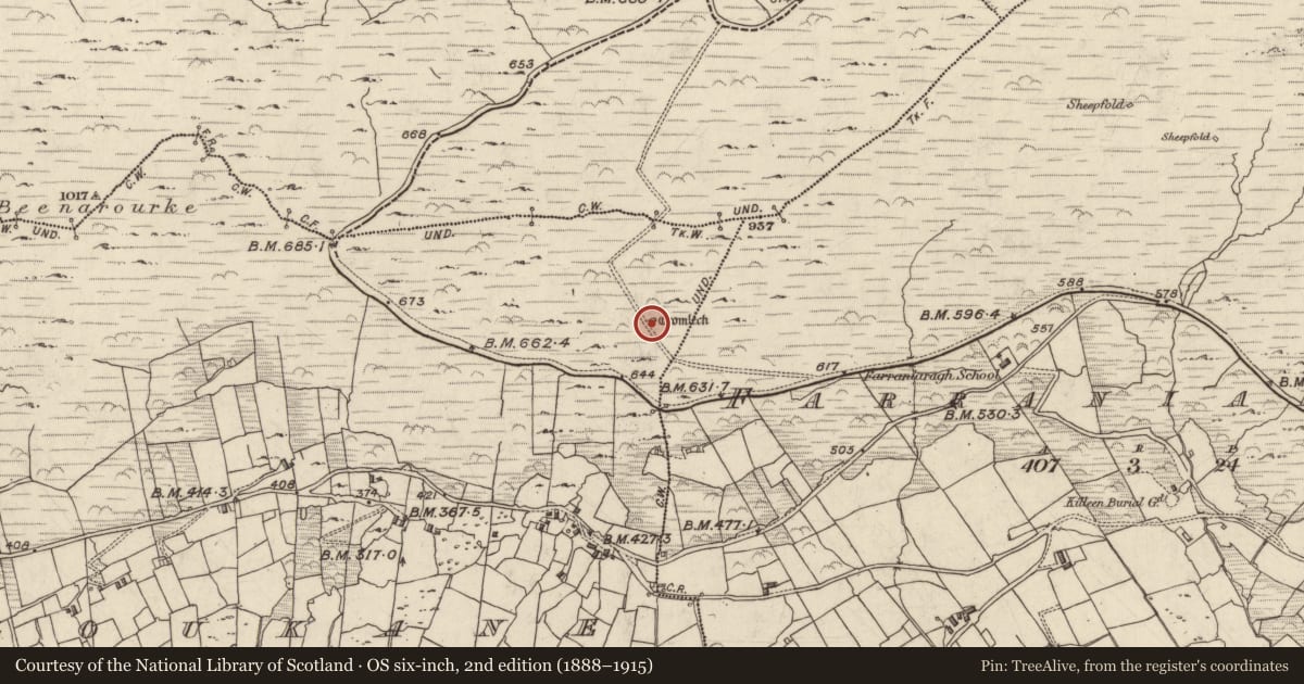 Ordnance Survey six-inch map, 2nd edition (1888–1915) covering the location of Megalithic tomb - wedge tomb, Com An Tsleabhcháin, County Kerry, with a pin at the register's coordinates