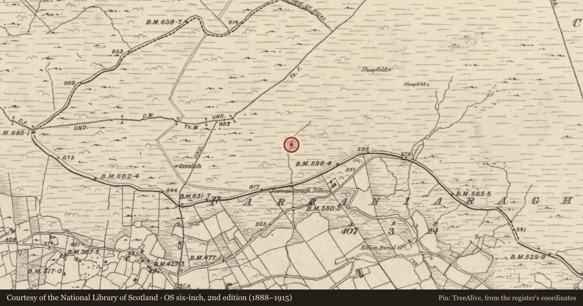 Ordnance Survey six-inch map, 2nd edition (1888–1915) covering the location of Turf stand, An Fearann Iarthach, County Kerry, with a pin at the register's coordinates