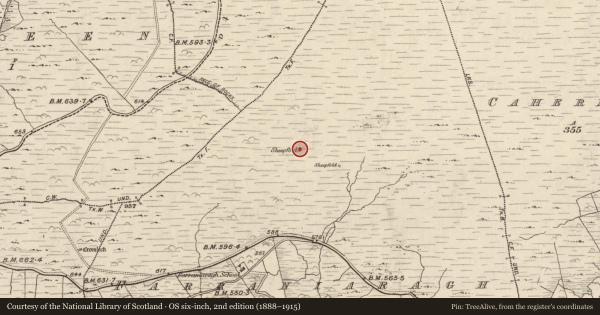 Ordnance Survey six-inch map, 2nd edition (1888–1915) covering the location of Hut site, An Fearann Iarthach, County Kerry, with a pin at the register's coordinates