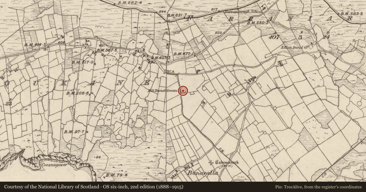 Ordnance Survey six-inch map, 2nd edition (1888–1915) covering the location of Children's burial ground, An Fearann Iarthach, County Kerry, with a pin at the register's coordinates