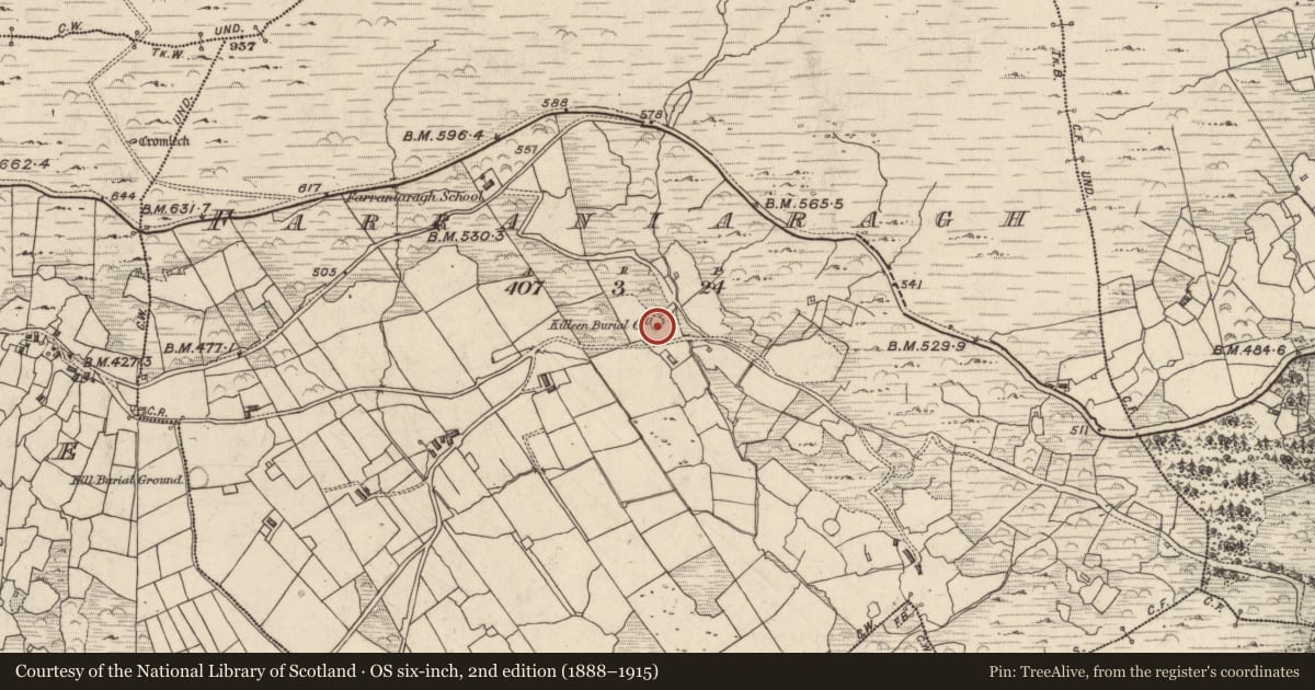 Ordnance Survey six-inch map, 2nd edition (1888–1915) covering the location of Ringfort - cashel, An Fearann Iarthach, County Kerry, with a pin at the register's coordinates