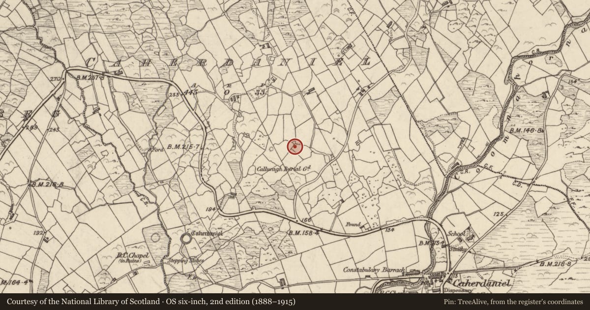 Ordnance Survey six-inch map, 2nd edition (1888–1915) covering the location of Enclosure, Caherdaniel, County Kerry, with a pin at the register's coordinates