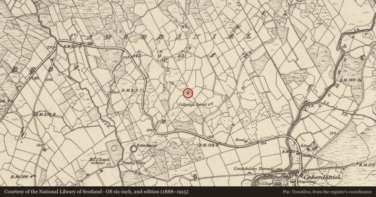 Ordnance Survey six-inch map, 2nd edition (1888–1915) covering the location of Enclosure, Caherdaniel, County Kerry, with a pin at the register's coordinates