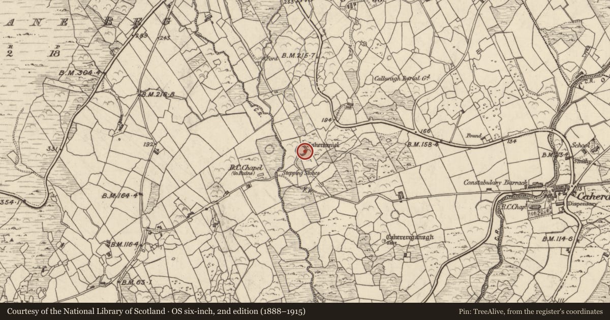 Ordnance Survey six-inch map, 2nd edition (1888–1915) covering the location of Ringfort - cashel, Caherdaniel, County Kerry, with a pin at the register's coordinates