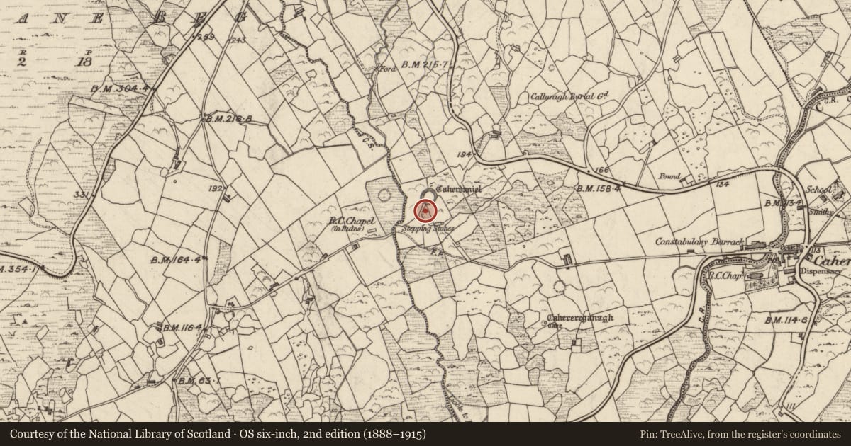 Ordnance Survey six-inch map, 2nd edition (1888–1915) covering the location of Road - road/trackway, Caherdaniel, County Kerry, with a pin at the register's coordinates