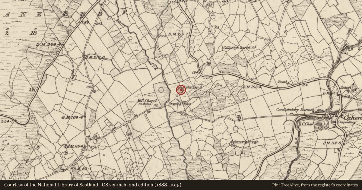 Ordnance Survey six-inch map, 2nd edition (1888–1915) covering the location of Hut site, Caherdaniel, County Kerry, with a pin at the register's coordinates