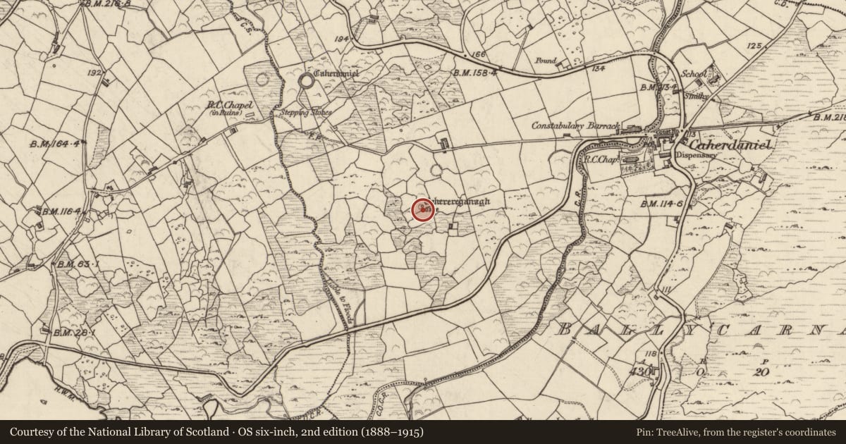 Ordnance Survey six-inch map, 2nd edition (1888–1915) covering the location of Souterrain, Caherdaniel, County Kerry, with a pin at the register's coordinates