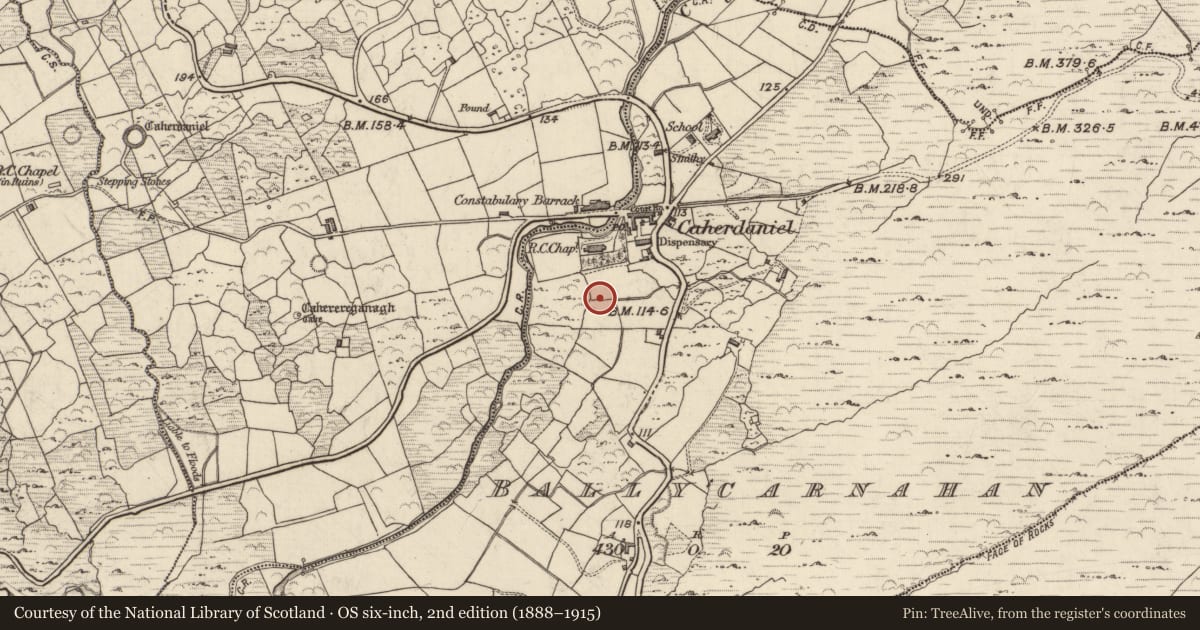 Ordnance Survey six-inch map, 2nd edition (1888–1915) covering the location of Souterrain, Ballycarnahan, County Kerry, with a pin at the register's coordinates