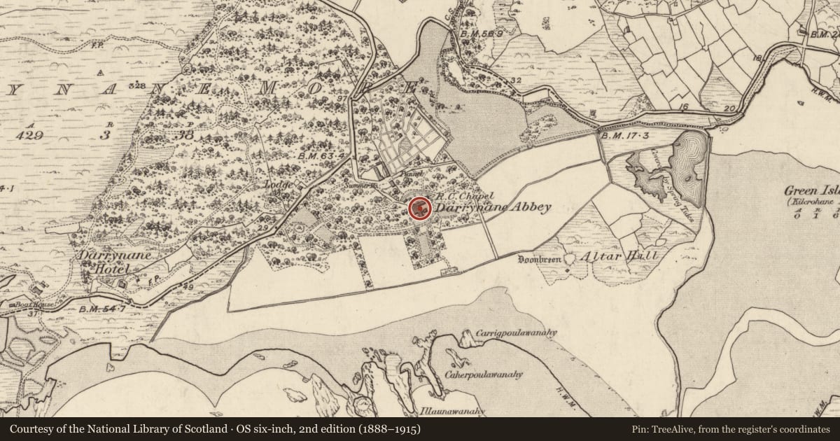 Ordnance Survey six-inch map, 2nd edition (1888–1915) covering the location of Country house, Doire Fhionáin Mór, County Kerry, with a pin at the register's coordinates