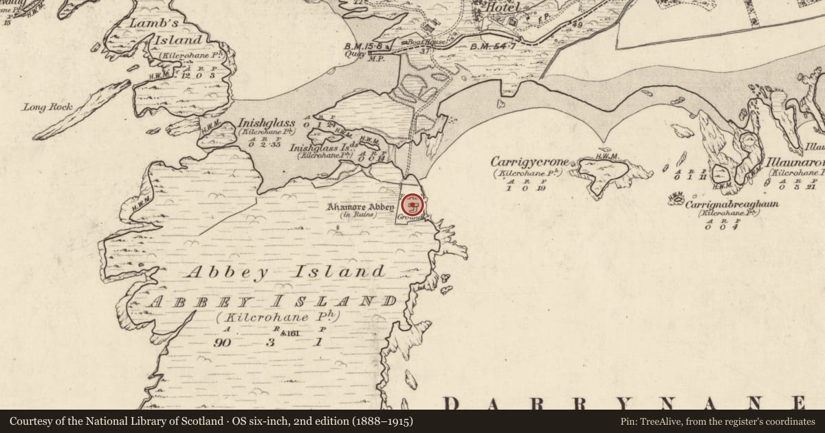 Ordnance Survey six-inch map, 2nd edition (1888–1915) covering the location of Graveyard, Abbey Island, County Kerry, with a pin at the register's coordinates