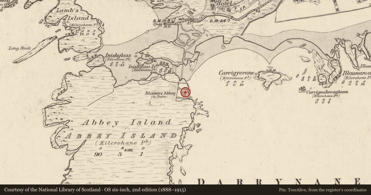 Ordnance Survey six-inch map, 2nd edition (1888–1915) covering the location of Church, Abbey Island, County Kerry, with a pin at the register's coordinates