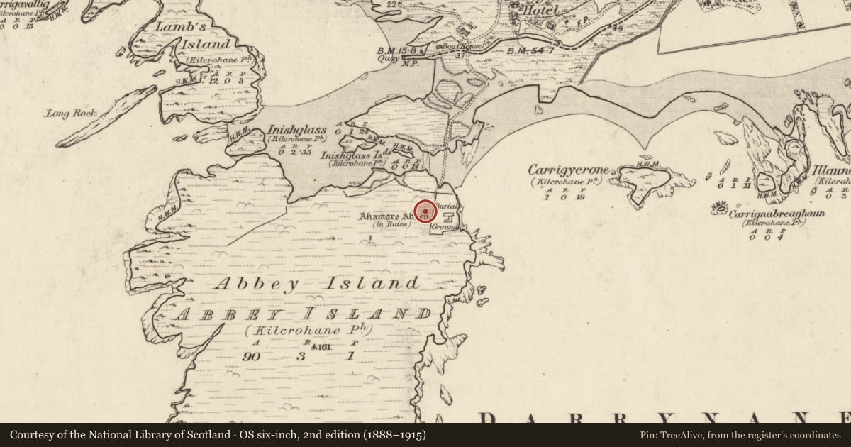 Ordnance Survey six-inch map, 2nd edition (1888–1915) covering the location of Midden, Abbey Island, County Kerry, with a pin at the register's coordinates