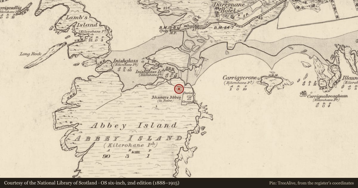Ordnance Survey six-inch map, 2nd edition (1888–1915) covering the location of Excavation - miscellaneous, Abbey Island, County Kerry, with a pin at the register's coordinates