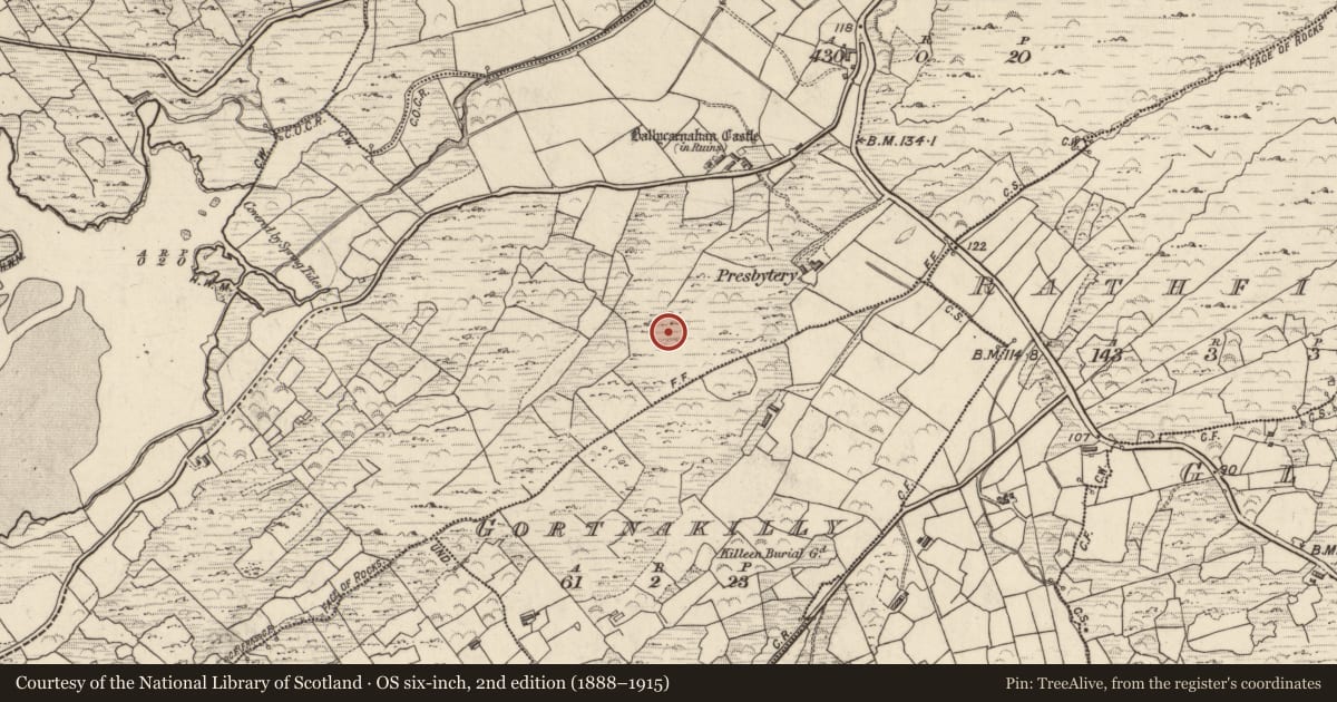 Ordnance Survey six-inch map, 2nd edition (1888–1915) covering the location of Souterrain, Ballycarnahan, County Kerry, with a pin at the register's coordinates