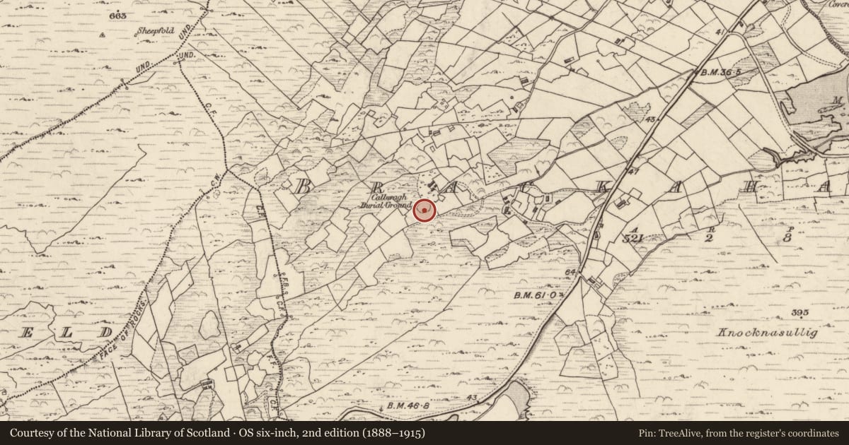 Ordnance Survey six-inch map, 2nd edition (1888–1915) covering the location of Enclosure, Brackaharagh, County Kerry, with a pin at the register's coordinates