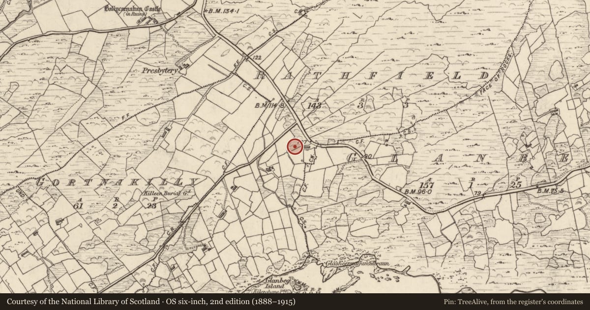 Ordnance Survey six-inch map, 2nd edition (1888–1915) covering the location of Souterrain, Rathfield, County Kerry, with a pin at the register's coordinates