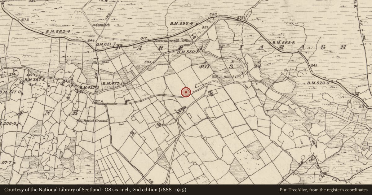 Ordnance Survey six-inch map, 2nd edition (1888–1915) covering the location of Hut site, An Fearann Iarthach, County Kerry, with a pin at the register's coordinates