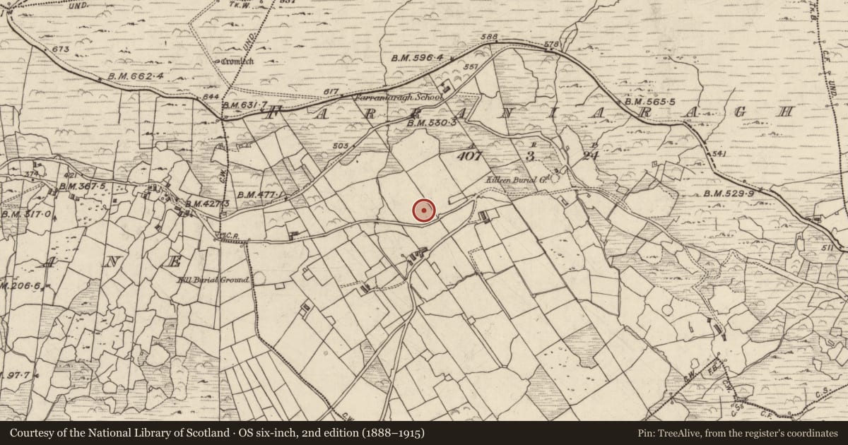 Ordnance Survey six-inch map, 2nd edition (1888–1915) covering the location of Souterrain, An Fearann Iarthach, County Kerry, with a pin at the register's coordinates