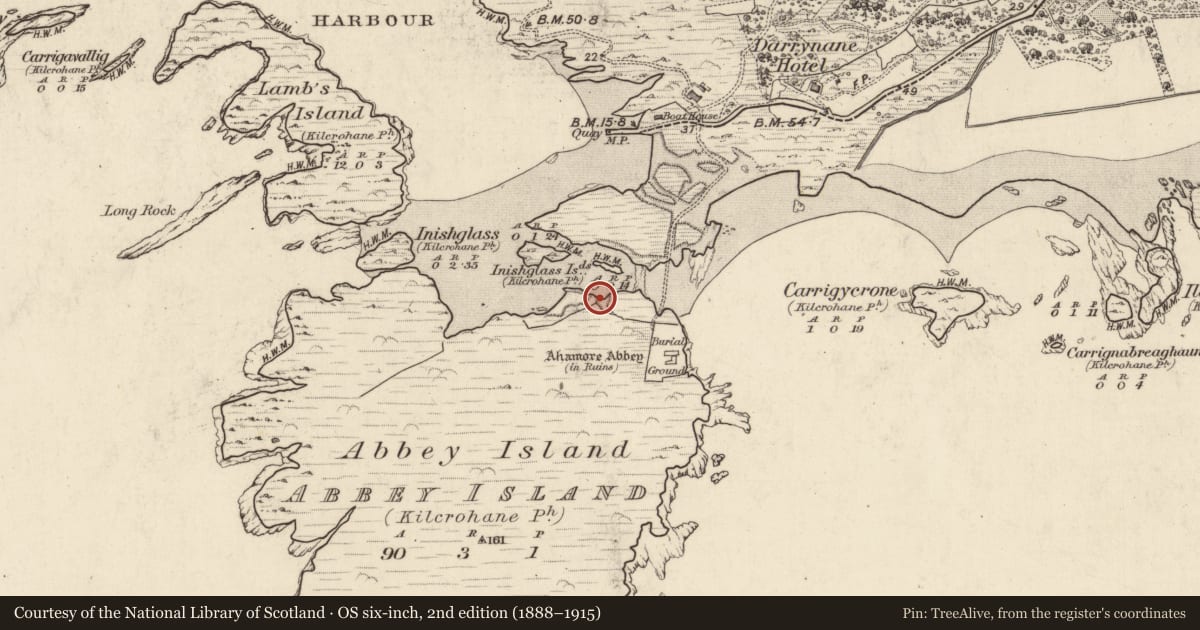 Ordnance Survey six-inch map, 2nd edition (1888–1915) covering the location of Midden, Abbey Island, County Kerry, with a pin at the register's coordinates