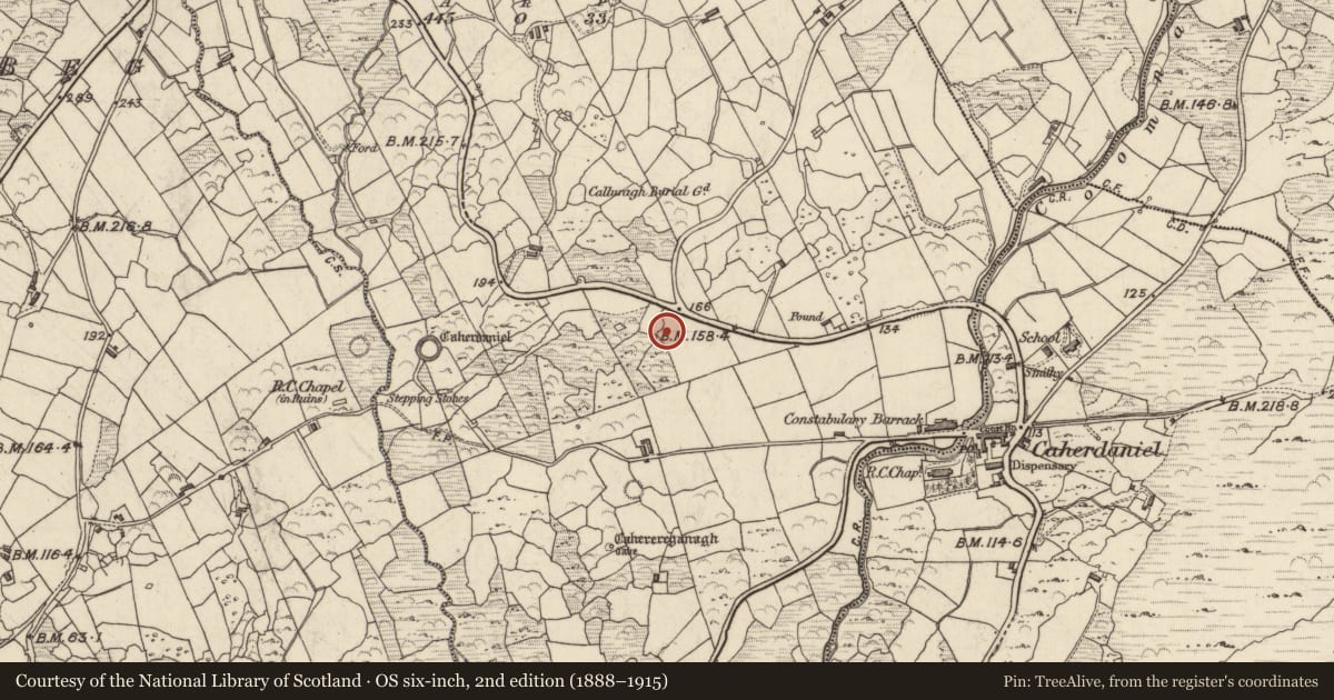 Ordnance Survey six-inch map, 2nd edition (1888–1915) covering the location of Rock art, Caherdaniel, County Kerry, with a pin at the register's coordinates