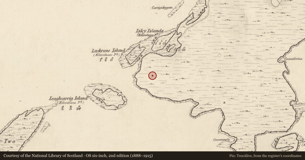 Ordnance Survey six-inch map, 2nd edition (1888–1915) covering the location of Mine - copper, An Ráth (Dún Cíaráin Theas), County Kerry, with a pin at the register's coordinates