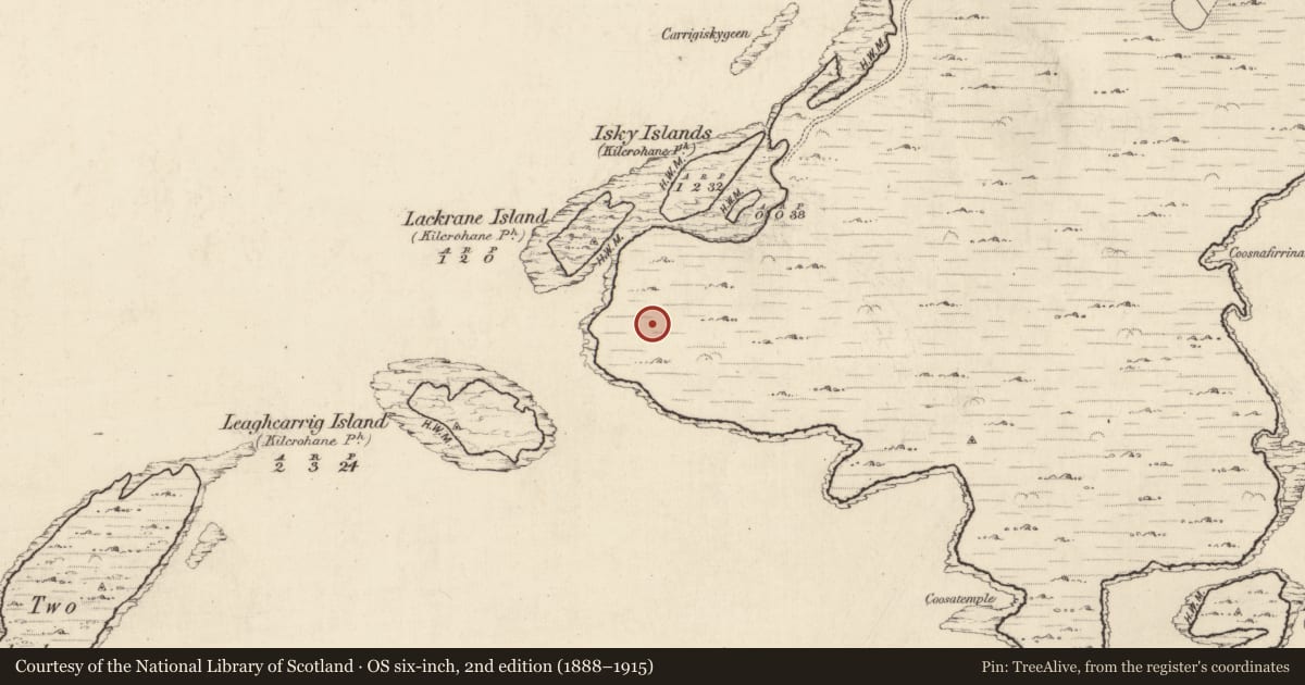 Ordnance Survey six-inch map, 2nd edition (1888–1915) covering the location of Habitation site, An Ráth (Dún Cíaráin Theas), County Kerry, with a pin at the register's coordinates