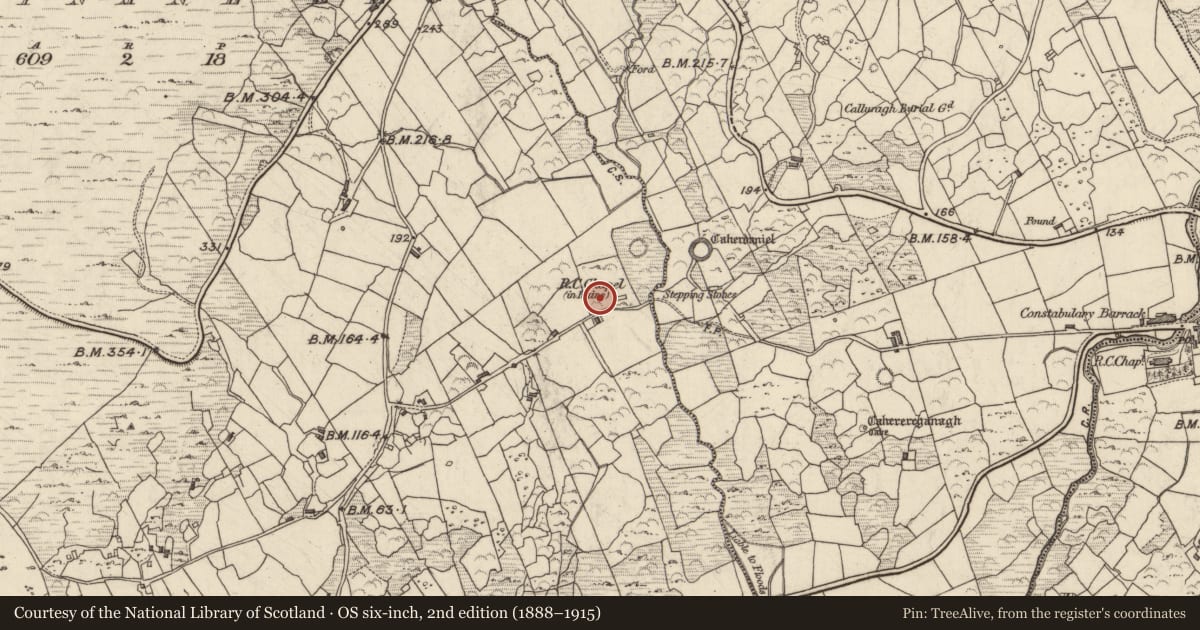 Ordnance Survey six-inch map, 2nd edition (1888–1915) covering the location of Rock art, Doire Fhionáin Beag, County Kerry, with a pin at the register's coordinates