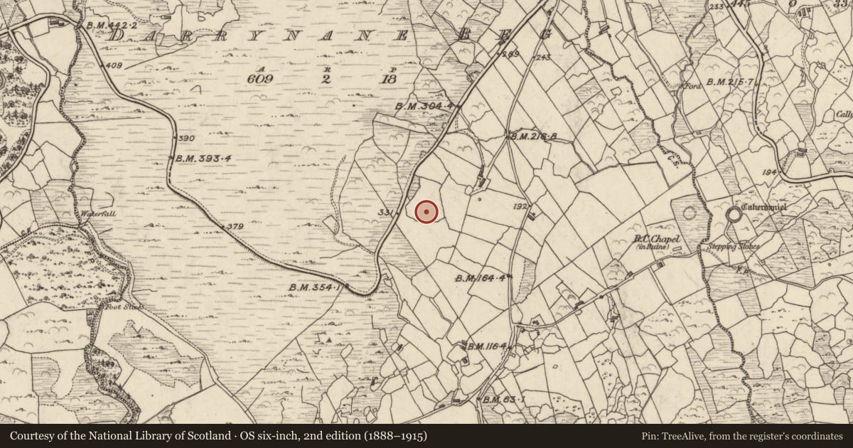 Ordnance Survey six-inch map, 2nd edition (1888–1915) covering the location of Rock art, Doire Fhionáin Beag, County Kerry, with a pin at the register's coordinates