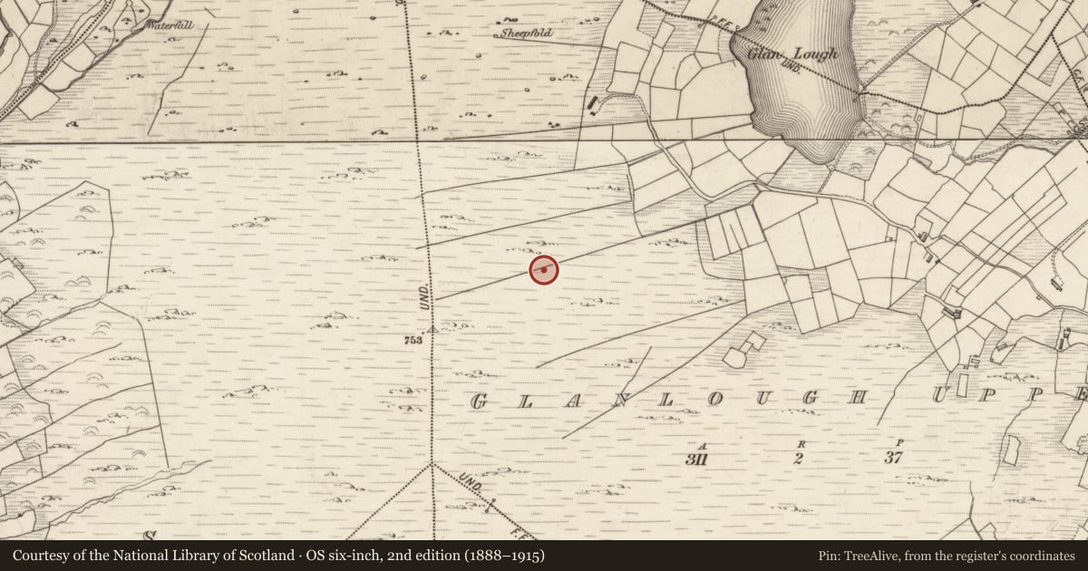 Ordnance Survey six-inch map, 2nd edition (1888–1915) covering the location of Field system, Glanlough Upper, County Kerry, with a pin at the register's coordinates