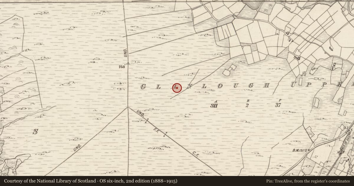 Ordnance Survey six-inch map, 2nd edition (1888–1915) covering the location of Enclosure, Glanlough Upper, County Kerry, with a pin at the register's coordinates