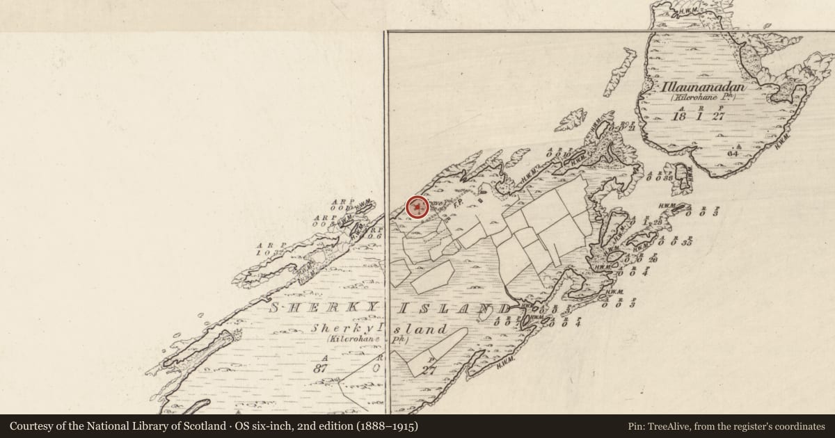 Ordnance Survey six-inch map, 2nd edition (1888–1915) covering the location of Burial ground, Sherky Island, County Kerry, with a pin at the register's coordinates
