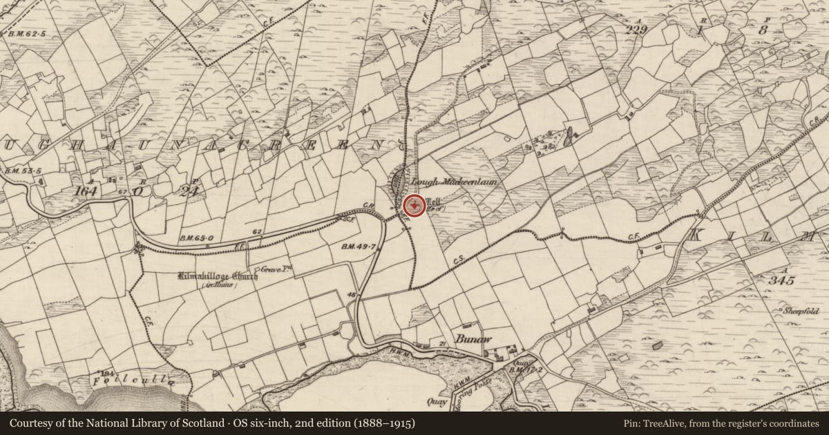 Ordnance Survey six-inch map, 2nd edition (1888–1915) covering the location of Ritual site - holy well, Derryrush, County Kerry, with a pin at the register's coordinates