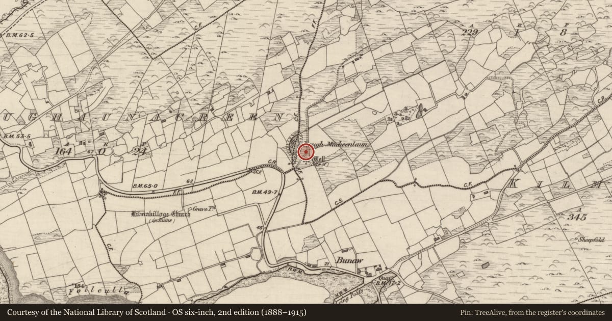 Ordnance Survey six-inch map, 2nd edition (1888–1915) covering the location of Cross-inscribed stone, Derryrush, County Kerry, with a pin at the register's coordinates