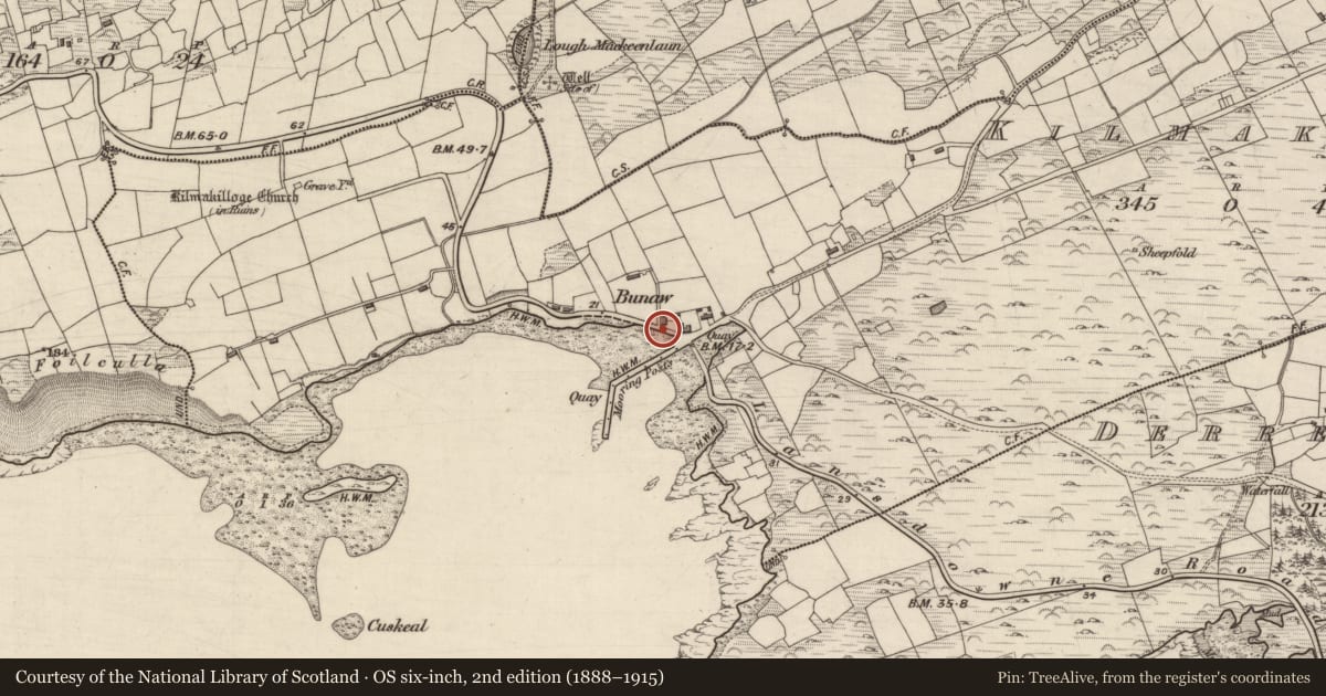 Ordnance Survey six-inch map, 2nd edition (1888–1915) covering the location of Fish palace, Kilmakilloge, County Kerry, with a pin at the register's coordinates
