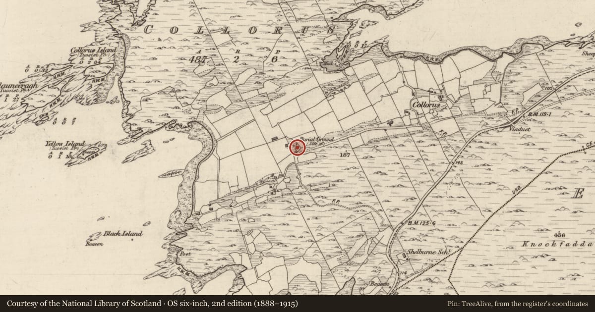 Ordnance Survey six-inch map, 2nd edition (1888–1915) covering the location of Children's burial ground, Collorus, County Kerry, with a pin at the register's coordinates