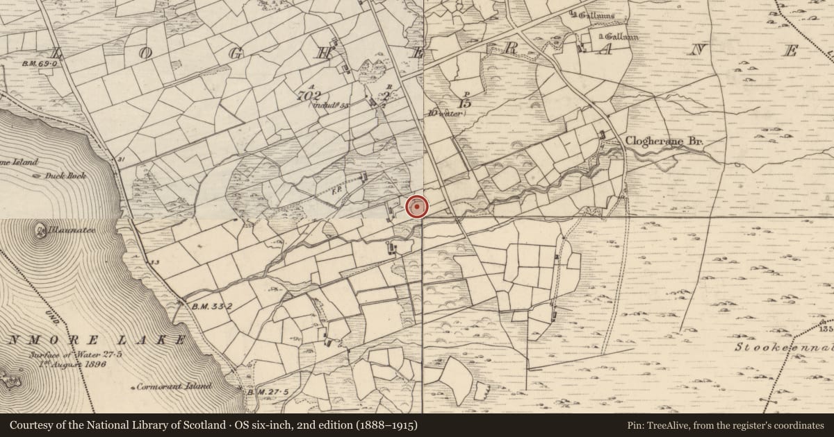 Ordnance Survey six-inch map, 2nd edition (1888–1915) covering the location of Ringfort - cashel, Clogherane, County Kerry, with a pin at the register's coordinates