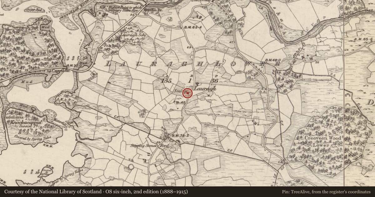 Ordnance Survey six-inch map, 2nd edition (1888–1915) covering the location of Forge, Lauragh Lower, County Kerry, with a pin at the register's coordinates