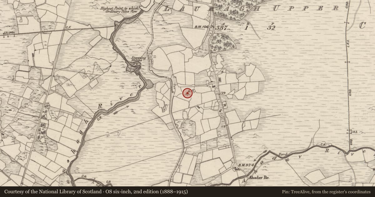 Ordnance Survey six-inch map, 2nd edition (1888–1915) covering the location of Metalworking site, Lauragh Upper, County Kerry, with a pin at the register's coordinates