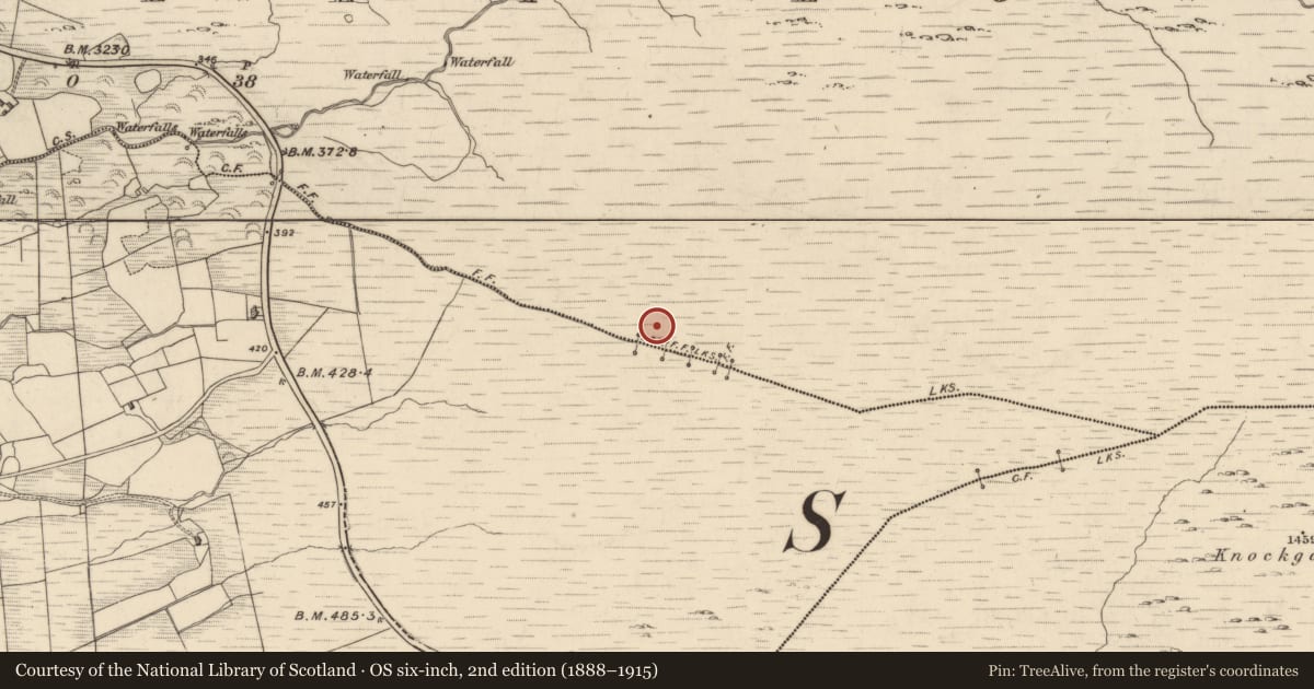 Ordnance Survey six-inch map, 2nd edition (1888–1915) covering the location of Field boundary, Drombohilly Lower, County Kerry, with a pin at the register's coordinates