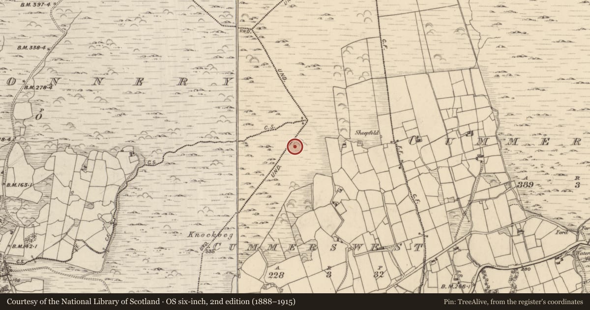 Ordnance Survey six-inch map, 2nd edition (1888–1915) covering the location of Cairn - unclassified, Cummers West, County Kerry, with a pin at the register's coordinates