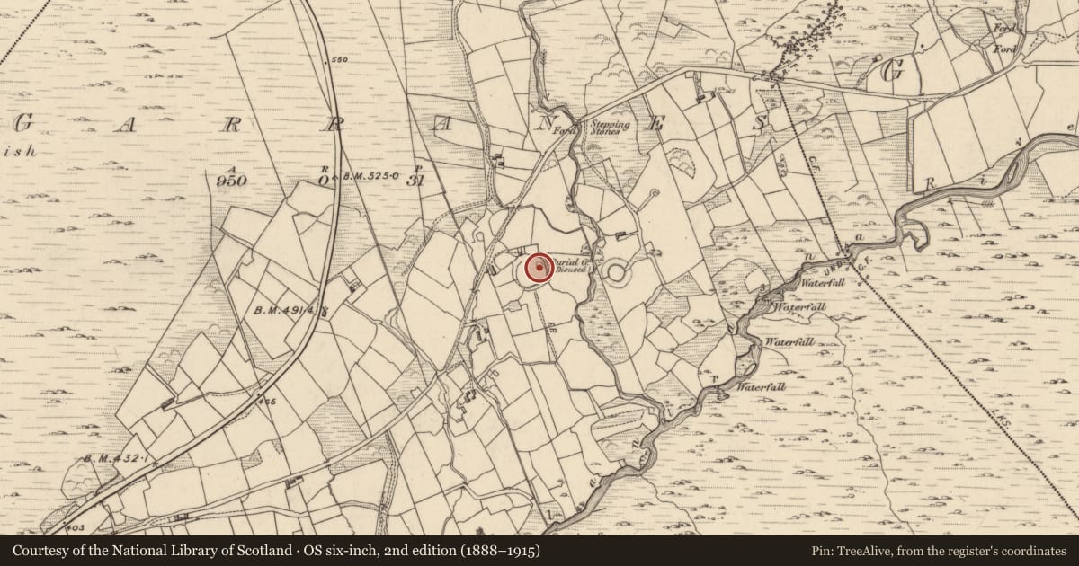 Ordnance Survey six-inch map, 2nd edition (1888–1915) covering the location of Children's burial ground, Garranes, County Kerry, with a pin at the register's coordinates