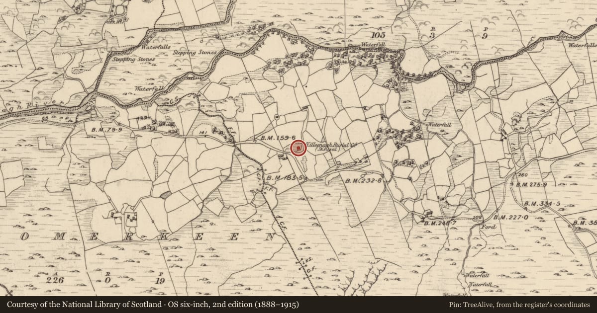 Ordnance Survey six-inch map, 2nd edition (1888–1915) covering the location of Children's burial ground, Fehanagh, County Kerry, with a pin at the register's coordinates