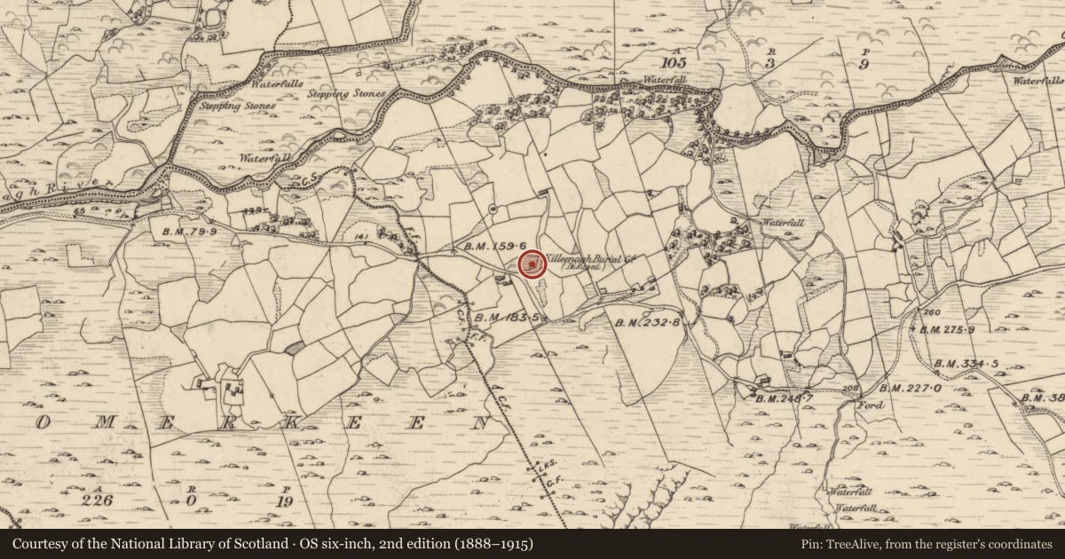 Ordnance Survey six-inch map, 2nd edition (1888–1915) covering the location of Souterrain, Fehanagh, County Kerry, with a pin at the register's coordinates