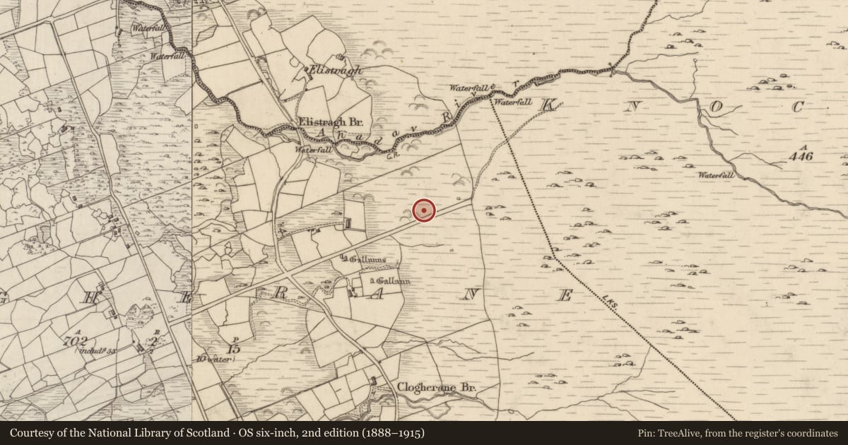 Ordnance Survey six-inch map, 2nd edition (1888–1915) covering the location of Standing stone, Clogherane, County Kerry, with a pin at the register's coordinates