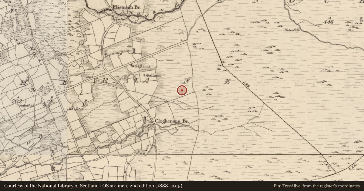 Ordnance Survey six-inch map, 2nd edition (1888–1915) covering the location of Fulacht fia, Clogherane, County Kerry, with a pin at the register's coordinates