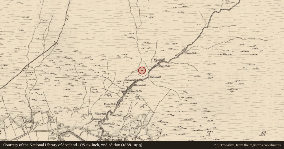 Ordnance Survey six-inch map, 2nd edition (1888–1915) covering the location of Field boundary, Glantrasna, County Kerry, with a pin at the register's coordinates