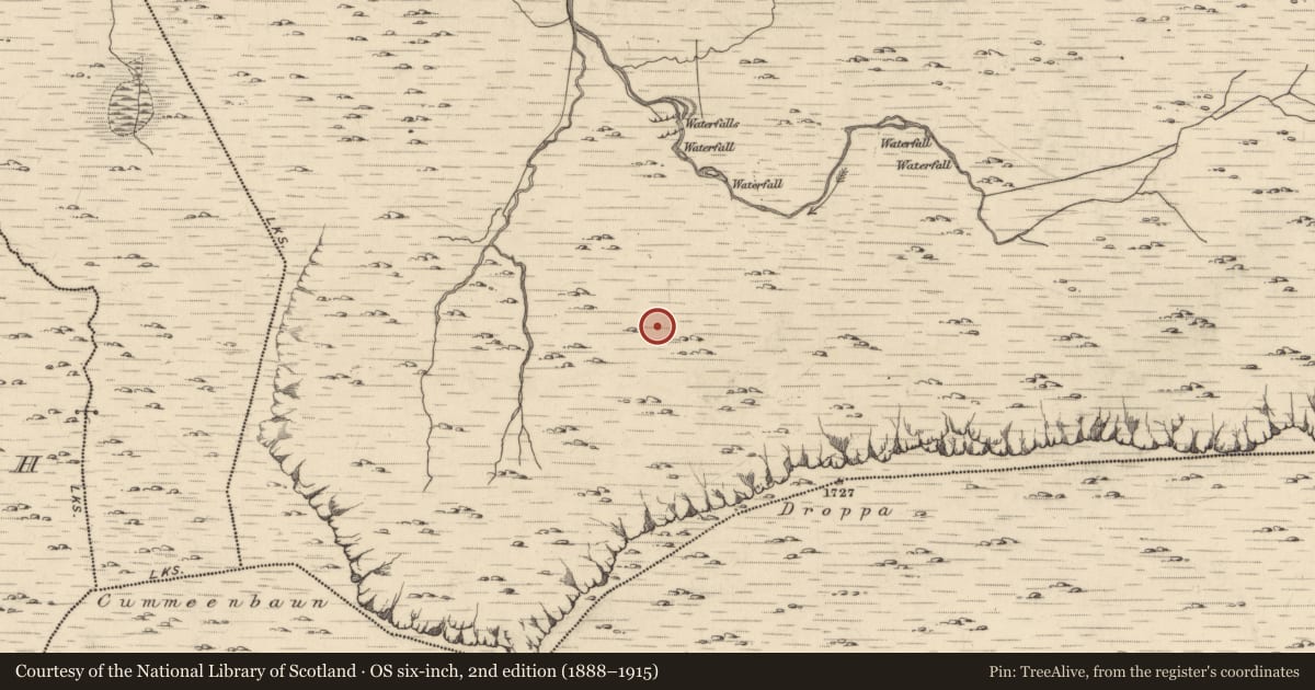 Ordnance Survey six-inch map, 2nd edition (1888–1915) covering the location of Enclosure, Glantrasna, County Kerry, with a pin at the register's coordinates