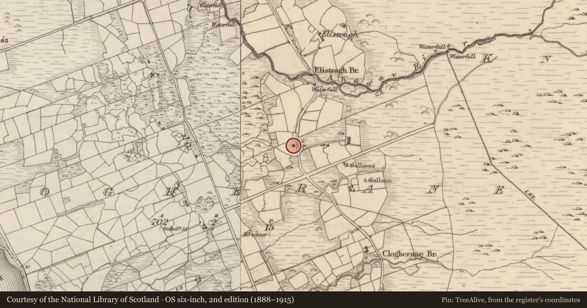 Ordnance Survey six-inch map, 2nd edition (1888–1915) covering the location of Burnt spread, Clogherane, County Kerry, with a pin at the register's coordinates