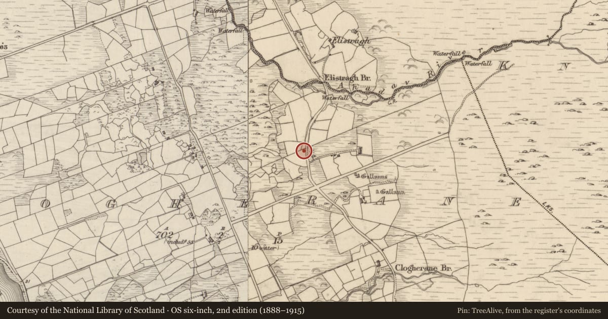 Ordnance Survey six-inch map, 2nd edition (1888–1915) covering the location of Burnt spread, Clogherane, County Kerry, with a pin at the register's coordinates